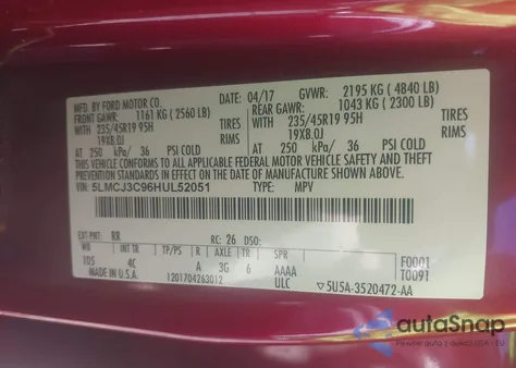 2017 Lincoln Mkc Reserve из США, поврежденный, VIN 5LMCJ3C96HUL52051